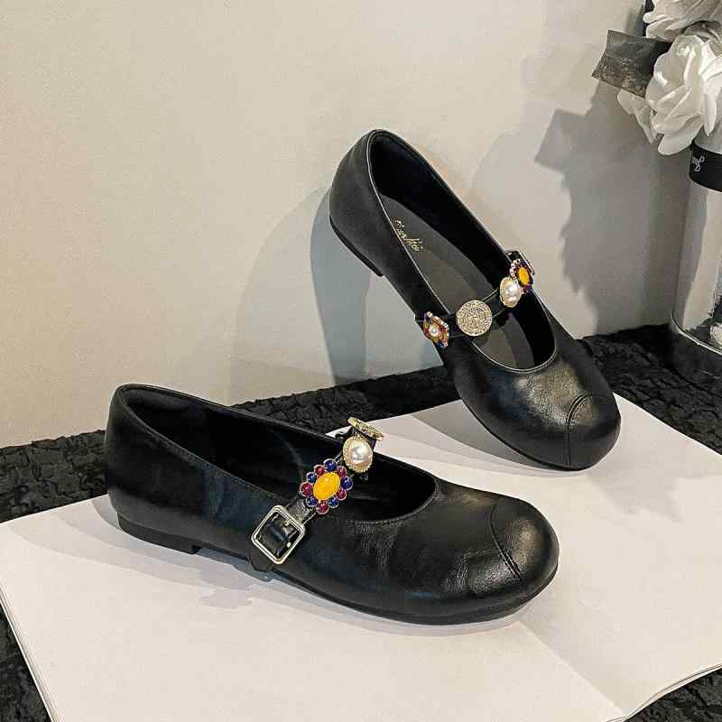 靴/ブーティ レディース フラットシューズ ローヒール ストラップ ぺたんこ靴 ラウンドトゥ ソフトレザ..