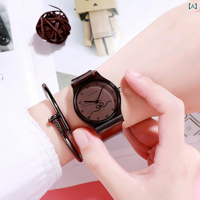 腕時計 レディース 中学生 小学生 キッズ ウォッチ カラフル 透明 ベルト かわいい シンプル アナログ 文字盤 プラスチック ファッション ガールズ ブラック レッド グリーン パープル(2)