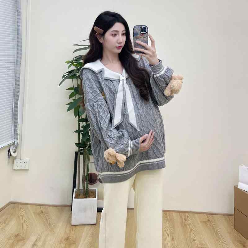 マタニティ ニット レディース 秋冬 トップス 小熊 海軍襟 長袖 チュニック丈 セーター ゆったり かわ..