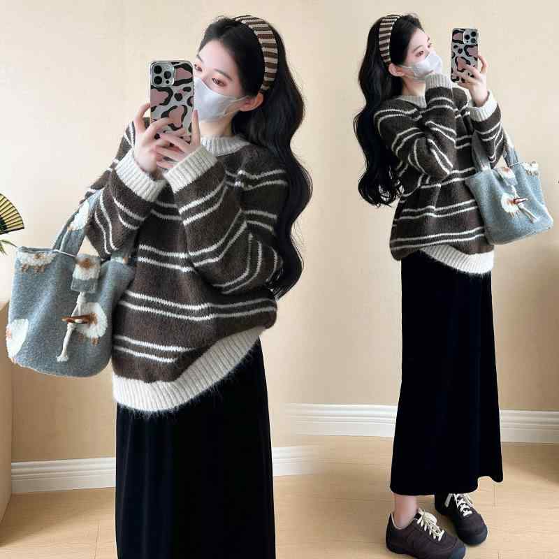 マタニティ ニット レディース 秋冬 ストライプ セーター ベルベット スカート セットアップ 妊婦服 長袖 授乳なし M L XL 2XL かわいい