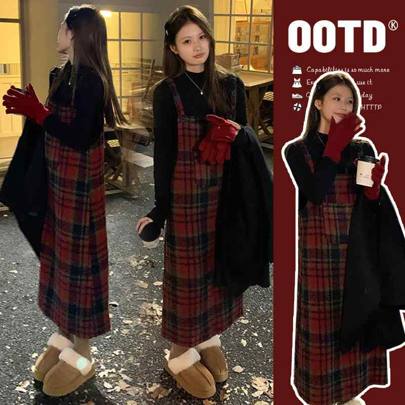 マタニティ ワンピース 秋冬 格子柄 ジャンパースカート ニット トップス セットアップ 妊婦服 授乳服 長袖 膝丈 ミモレ丈 普段使い