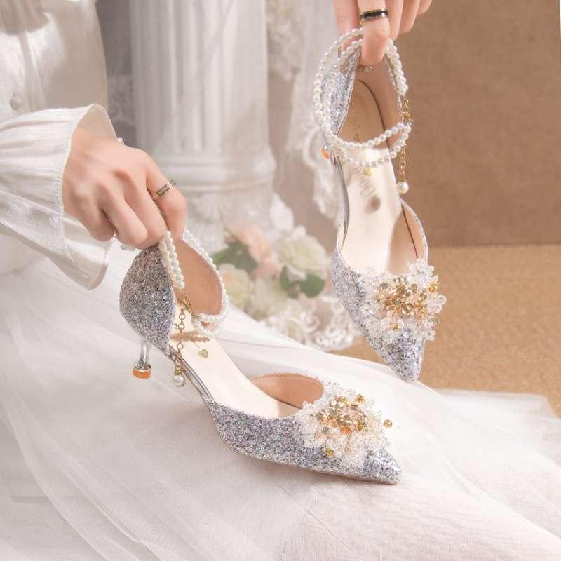 ウェディングシューズ レディース ブライダルシューズ ポインテッドトゥ ハイヒール ローヒール シルバ..
