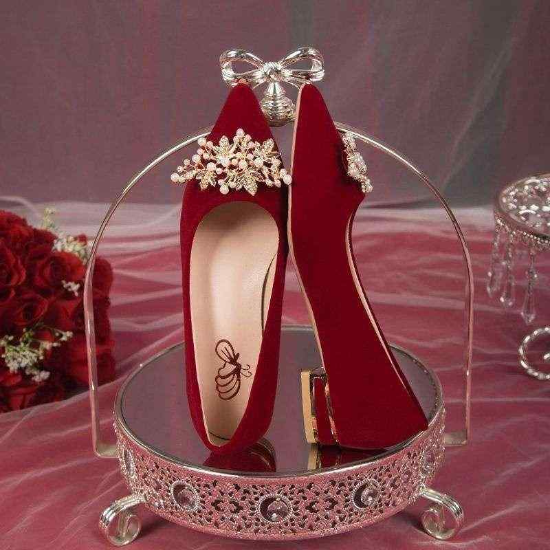 ウェディングシューズ レディース 結婚式 ブライダルシューズ 赤色 ハイヒール チャイナドレス 妊婦 2w..