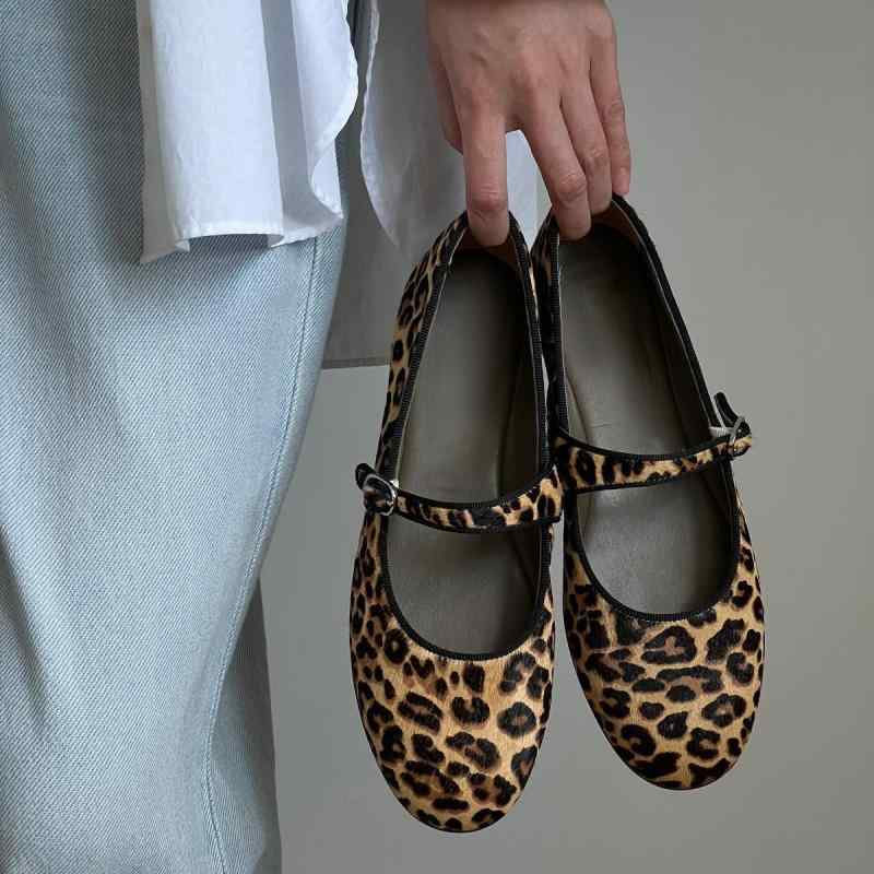 バレエシューズ レディース 厚底 マリージェーン フラットシューズ 本革 牛革 ヒョウ柄 婦人靴 ぺたん..
