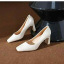 高跟パンプス レディース スクエアトゥ チャンキーヒール 6cm~8cm プレーン 無地 スリップオン フェイクレザー 合成皮革 エナメル調 オフィス 仕事用 ...