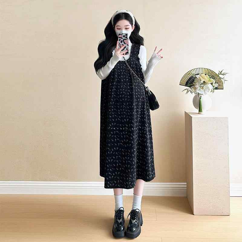 マタニティウェア 秋冬 ニット トップス コーデュロイ 背帯 スカート セットアップ 授乳服 長袖 花柄 ゆったり 妊婦服 産前 産後 普段使い