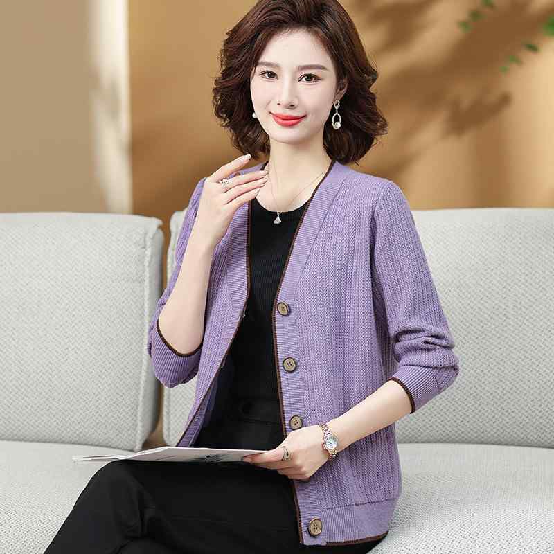 ニット カーディガン レディース Vネック 長袖 ウール混紡 トップス 秋冬 無地 母親向け ミセス シニア..