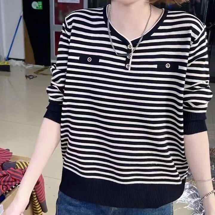 ニット レディース 春秋 ニットトップス 縞模様 ラウンドネック 長袖 チュニック ゆったり 体型カバー ..