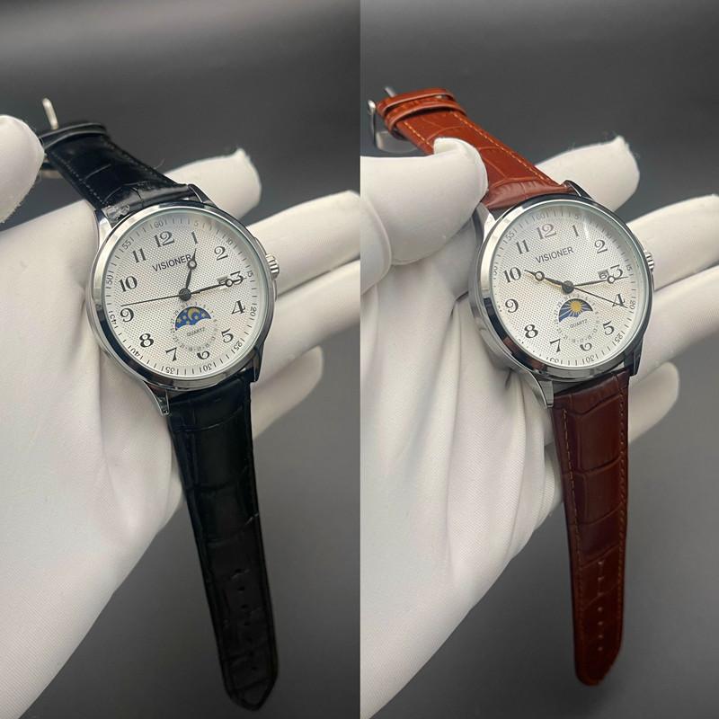 腕時計 メンズ 男性用 紳士用 本革 レザー カジュアル クォーツ アナログ 黒 ブラック コーヒー 日月星..