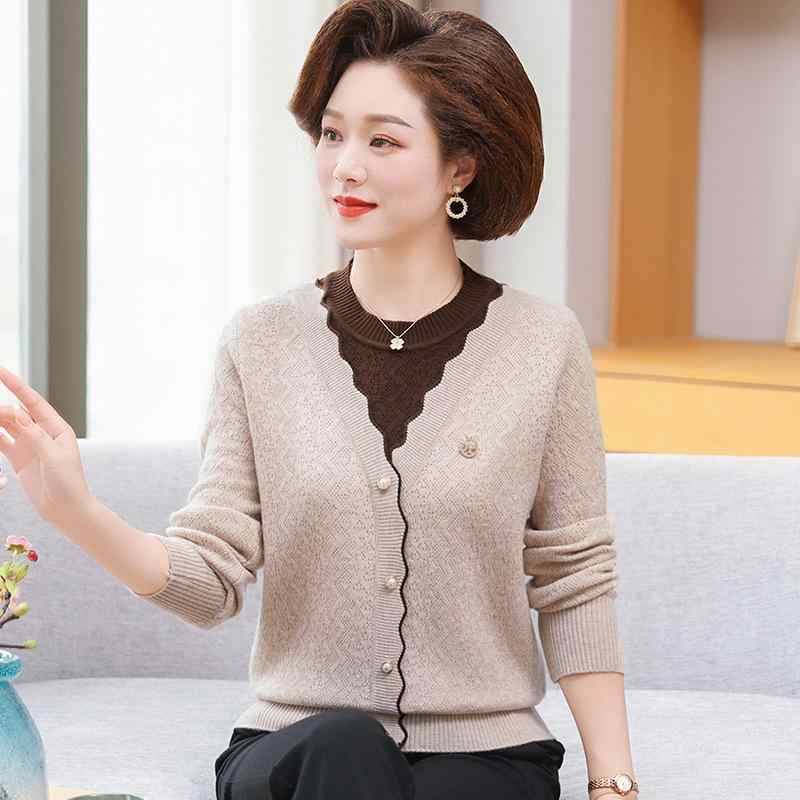 ニット レディース 春物 ニットトップス 長袖 ラウンドネック 配色 ミセス ゆったりサイズ プルオーバ..