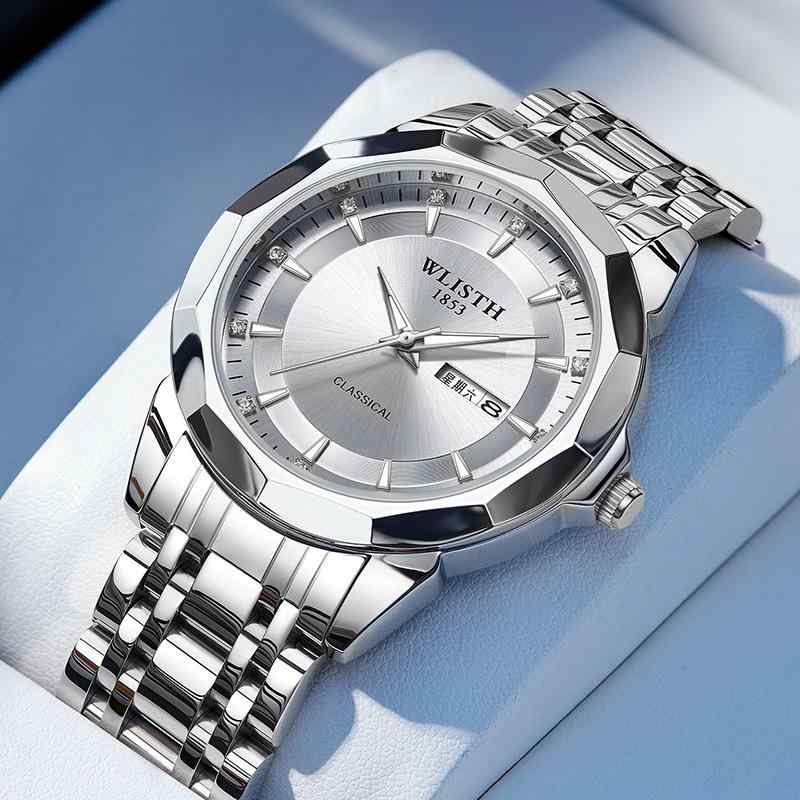 腕時計 男性用 メンズ ファッション ダブルカレンダー 防水 クォーツ アナログ ステンレス ビジネス ウォッチ ブルー ブラック シルバー