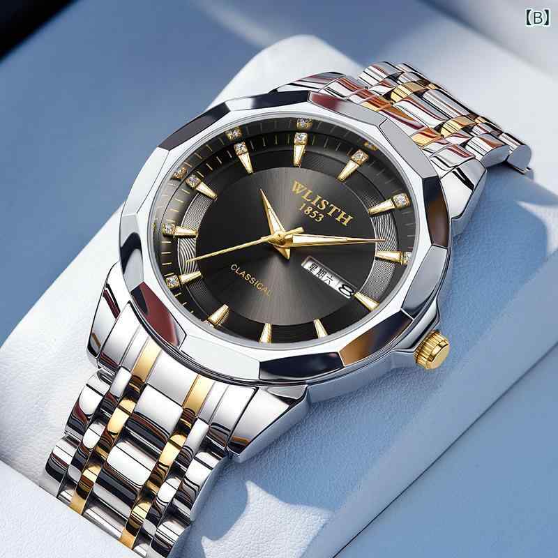 腕時計 男性用 メンズ ファッション ダブルカレンダー 防水 クォーツ アナログ ステンレス ビジネス ウォッチ ブルー ブラック シルバー