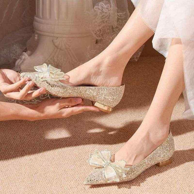 楽天Tanzanパンプス レディース マタニティ ウェディングシューズ フラット ローヒール ポインテッドトゥ 妊婦 靴 ブライダル シャンパンゴールド シルバー かわいい 蝶結び パーティー 結婚式 二次会