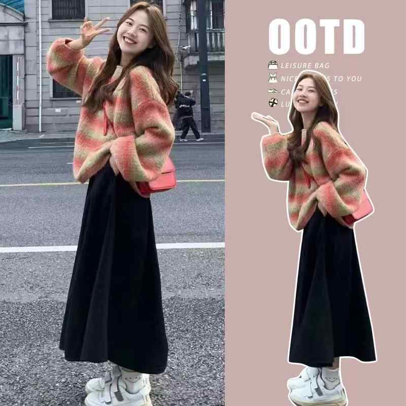 授乳 ワンピース 秋冬 レインボー ボーダー ニット キャミソール スカート 産後 授乳服 マタニティウェ..