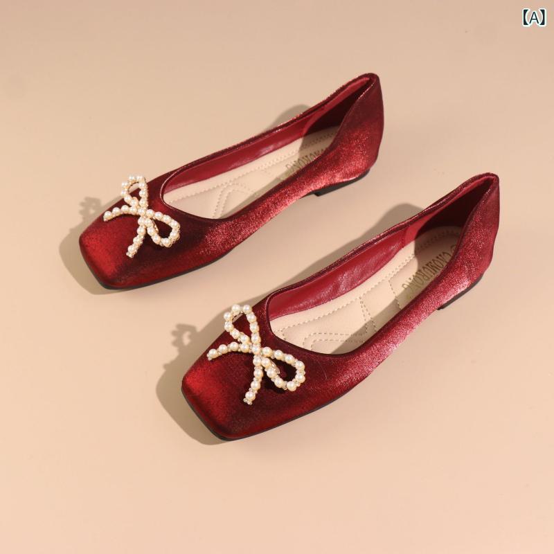 バレエシューズ レディース ローヒール パンプス ぺたんこ 妊婦靴 マタニティ フラット スクエアトゥ ちょう結び 花柄 飾り付き かわいい 歩きやすい 痛くな...