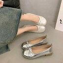 パンプス レディース フラット ローヒール ぺたんこ靴 豆 浅口 ソフト 合成皮革 婦人靴 ラウンドトゥ リボン アイボリー シルバー 春秋