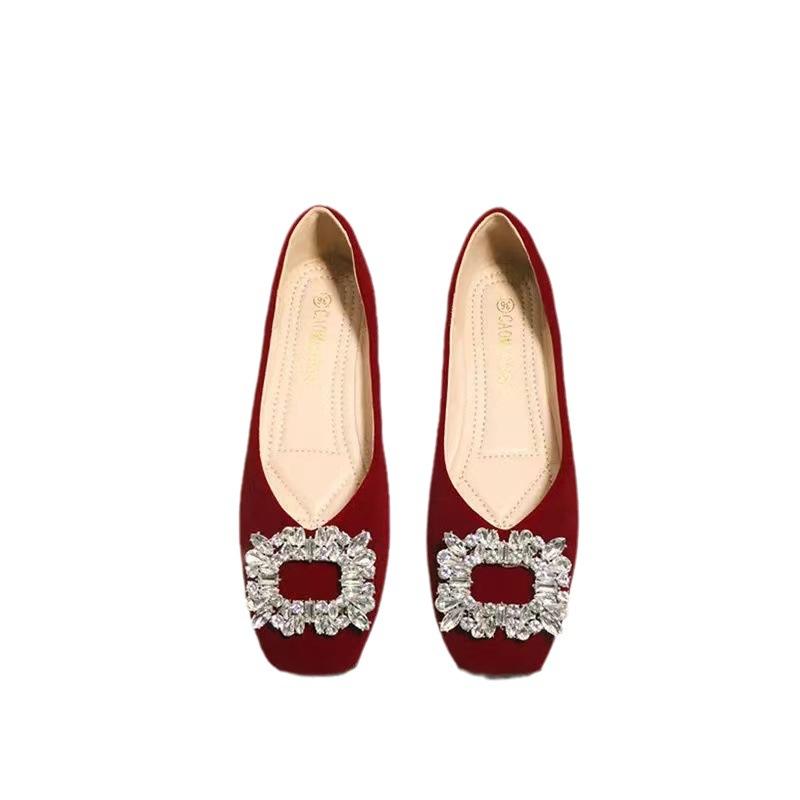 パンプス レディース ウェディングシューズ フラット 結婚式 ローヒール スエード調 ラインストーン 花..