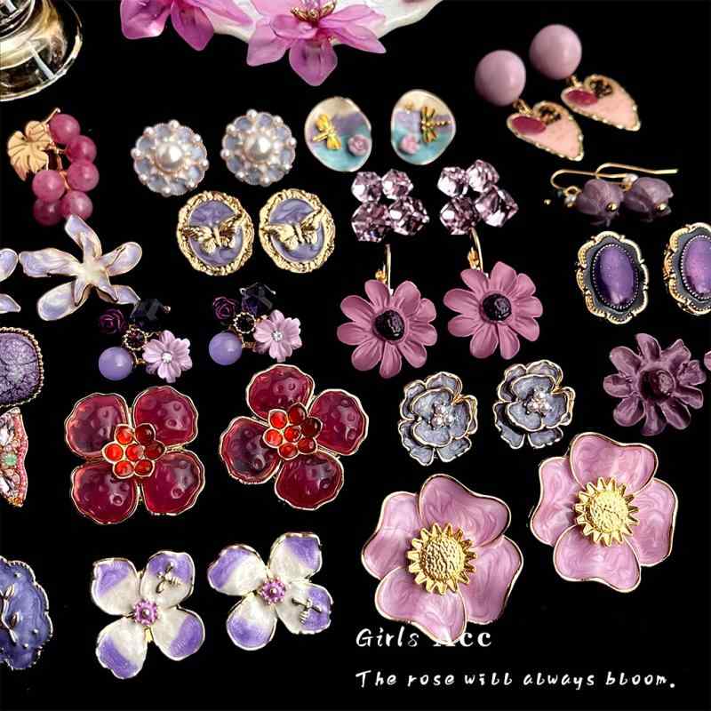 イヤリング レディース 花柄 ドロップイヤリング 幾何学模様 紫色 油絵風 レトロ ヴィンテージ パープ..