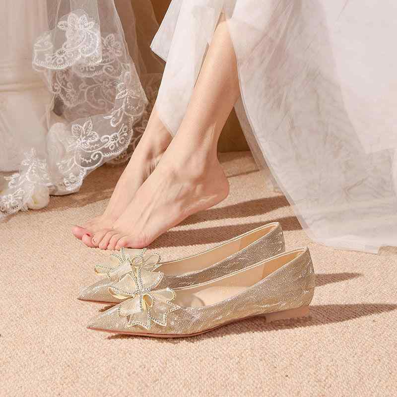 パンプス レディース ブライダルシューズ フラット ローヒール ウェディングシューズ 妊婦 ぺたんこ 痛くない 歩きやすい ポインテッドトゥ ラインストーン サ...