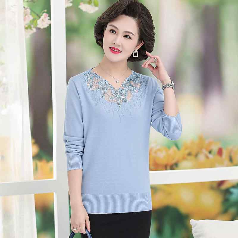 ニット レディース チュニック Vネック 長袖 セーター ウール混紡 刺繍 花柄 赤 ワインレッド ブルー ..