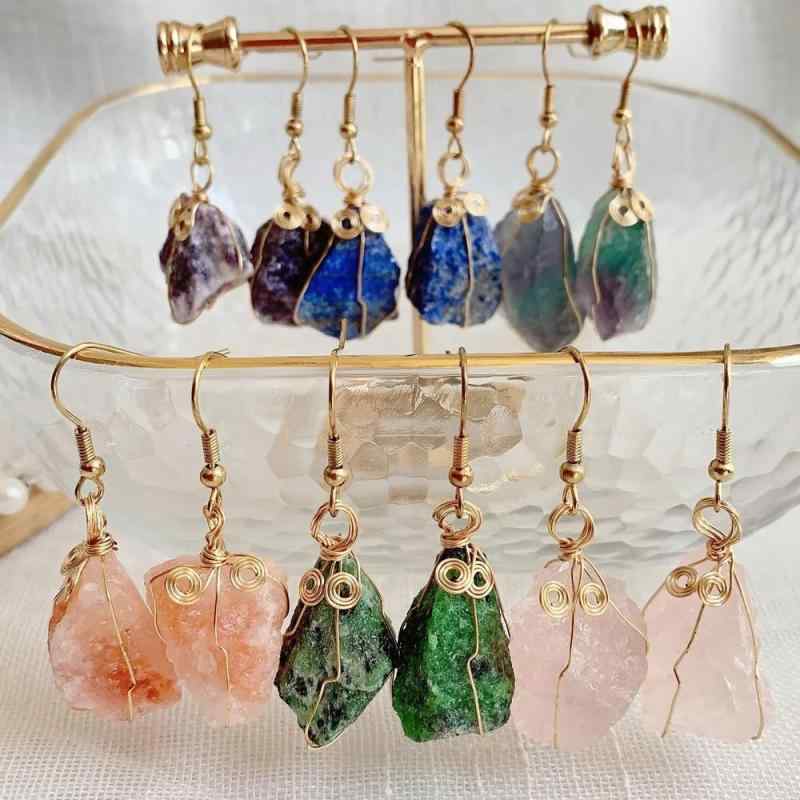 イヤリング 天然石 水晶 手編み 幾何学模様 男女兼用 黄水晶 紫水晶 白水晶 太陽石 蛍石 ピンククォー..