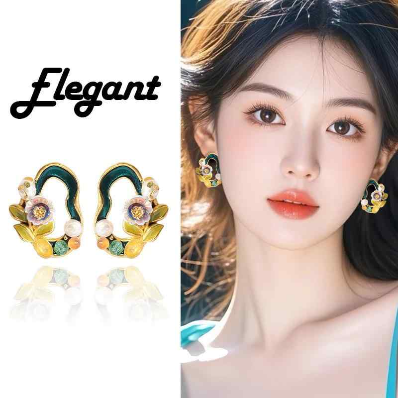 イヤリング レディース 油絵 幾何学 花柄 淡水パール レトロ ヴィンテージ風 エレガント 高見え アクセ..