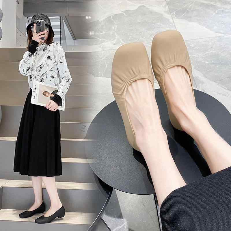 パンプス レディース ぺたんこ靴 婦人靴 ローヒール フラット スクエアトゥ PVC 防水 杏色 ブラック ピンク系 浅緑色 歩きやすい 痛くない 柔らかい 立...