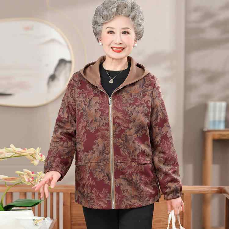 ジャケット レディース 春秋 中高年向け ママ 服 パーカー ジャンパー ブルゾン アウター 花柄 婦人服 カジュアル 普段使い ポリエステル レッド グリーン 大きめサイズ(4)