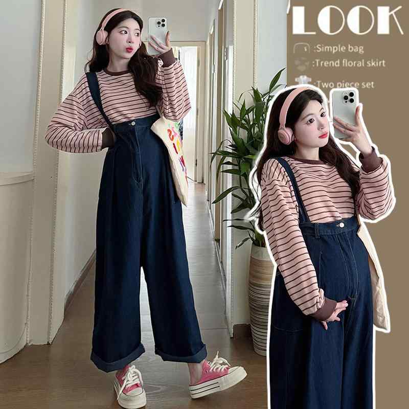 マタニティ デニム オーバーオール 秋冬 韓国風 ゆったり 楽ちん ワイドレッグ パンツ ストライプ柄 ト..