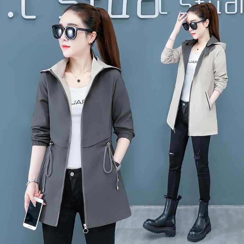 ジャケット レディース 中年 ママ アウター 春秋 ポリエステル 撥水 防風 フード付き 取り外し可能 リバーシブル ウエスト調整 ミドル丈 ゆったり 婦人服 カジュアル グレー ブラック ベージュ(4)