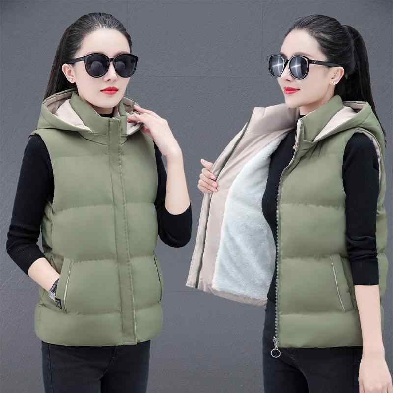 ベスト レディース 秋冬 中年女性用 裏起毛 あったか フード付き 取り外し可能 ノースリーブ ショート丈 チョッキ 普段使い お出かけ 防寒着 母親 妻 贈り物 ポリエステル レッド ブルー グリーン(4)