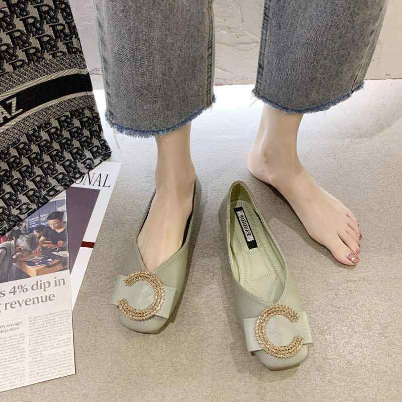 靴 パンプス レディース フラットシューズ 春秋 スクエアトゥ スリッポン ローヒール 妊婦 ぺたんこ靴 ラインストーン TPRソール ベージュ 黒 緑 35 ...