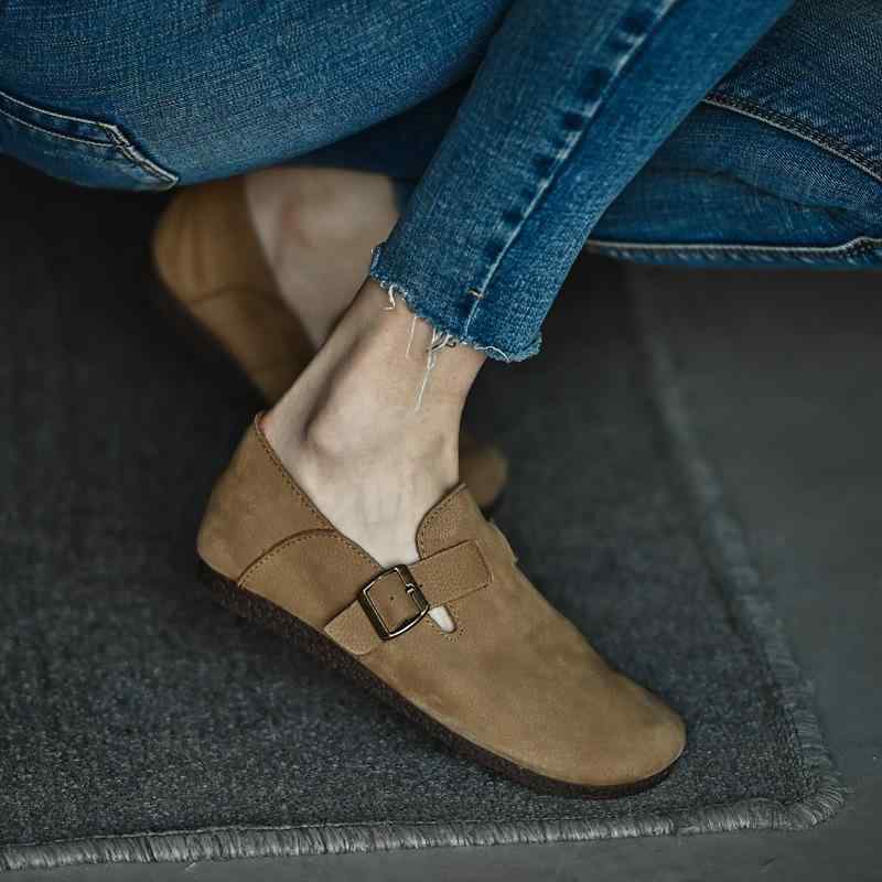 靴 レディース フラットシューズ 本革 快適 妊婦靴 ぺたんこ靴 ローファー ラウンドトゥ 牛革 カキー色..