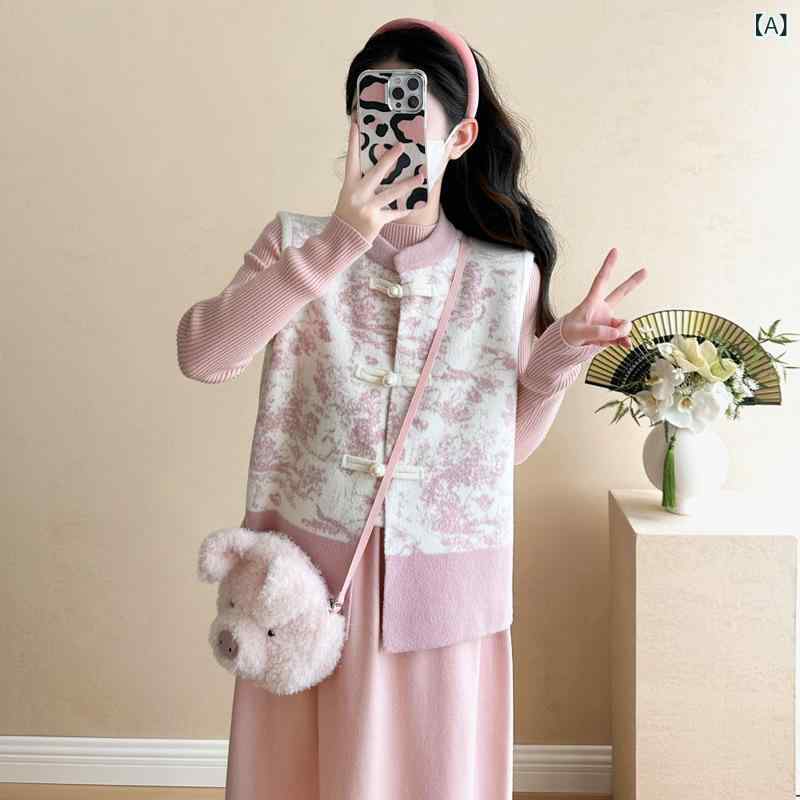 マタニティ ワンピース セットアップ 秋冬 ニットベスト ファッション セーター 膝丈 長袖 花柄 ポリエステル ピンク系 ブラック ゆったり 妊婦 産前 産後