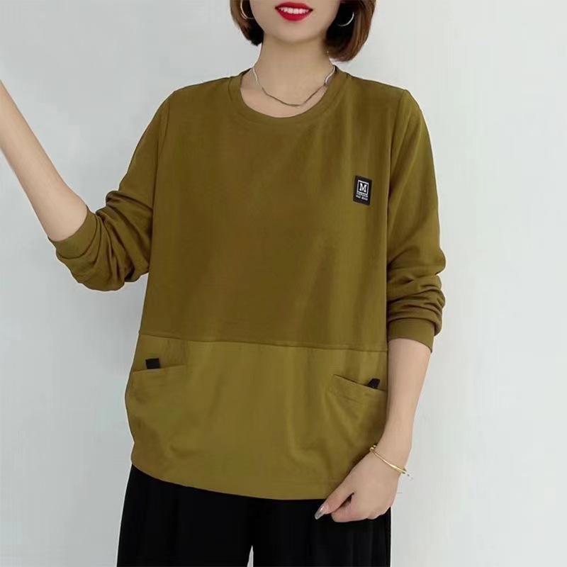 Tシャツ レディース ゆったり 長袖 プルオーバー ラウンドネック 切り替え チュニック 部屋着 普段使い..