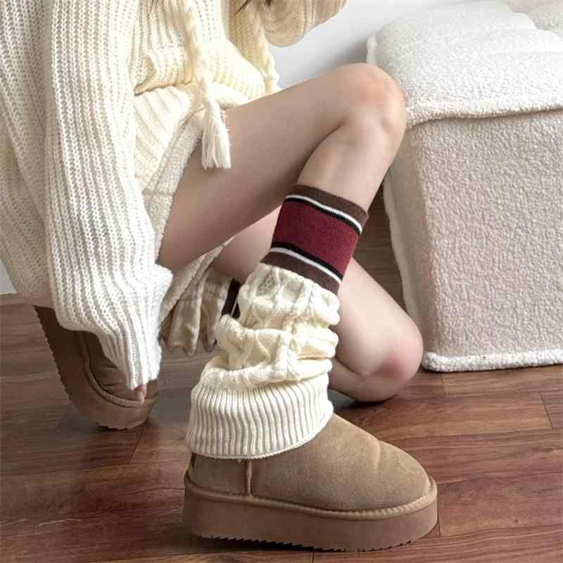 靴下 レディース ソックス ケーブル編み 縄編み 中筒丈 秋冬 暖かい 冷え対策 ボーダー柄 ミドル丈 ニ..