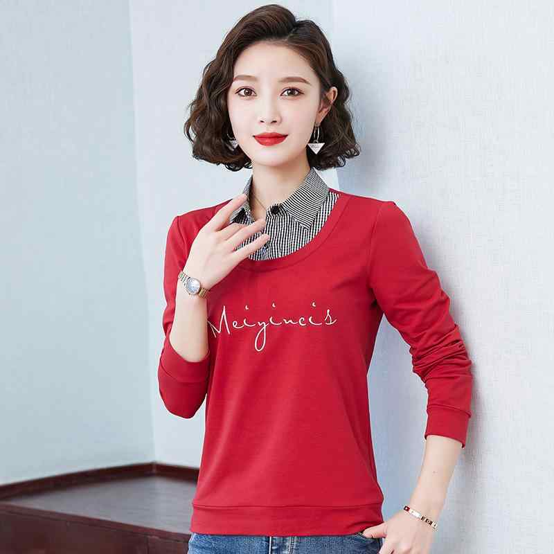 シャツ レディース フェイクレイヤード トップス ストライプ コットン OL 通勤 長袖 スリム レッド グ..