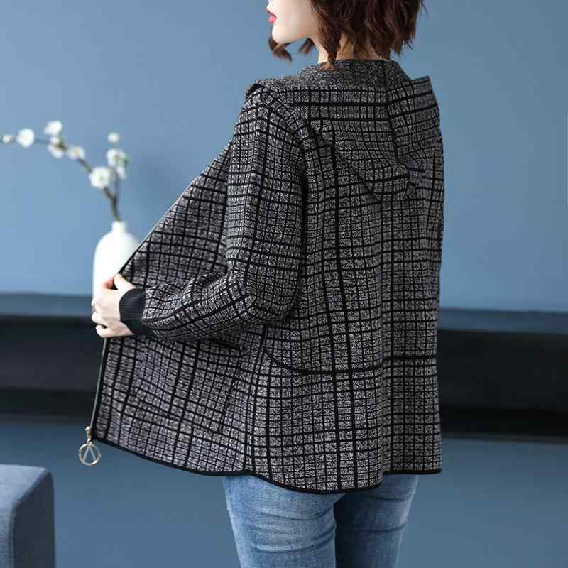 カーディガン レディース ニット 格子柄 秋冬 アウター フード付き 撞色 ゆったり 長袖 ポケット付き ..