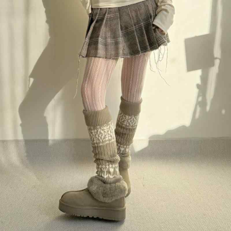 靴下 レディース 秋冬 ニット ジャカード 配色 クリスマス ウール 暖かい 折り返し レッグウォーマー ..