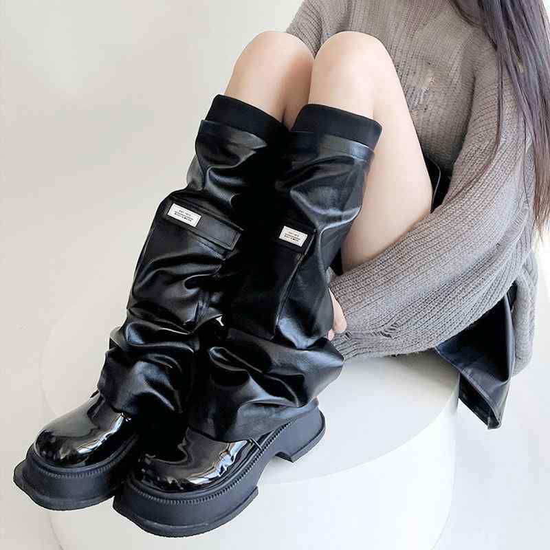 レッグウォーマー レディース PUレザー 欧米風 無地 ミドル丈 美脚 ブラック ギャル Y2K 小さいサイズ 大きいサイズ 春夏 秋冬