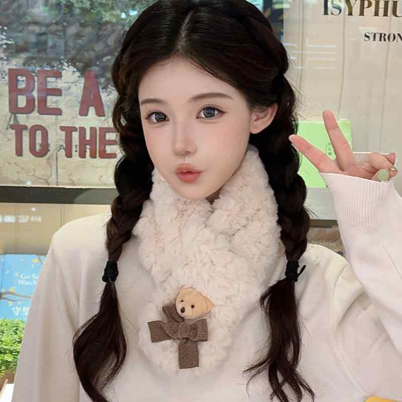 マフラー レディース 秋冬 かわいい クマ 蝶結び 韓国風 学生 防寒 ベージュ アイボリー ピンク グレー..
