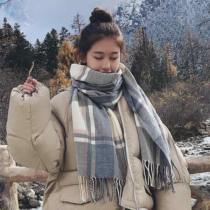 マフラー レディース 韓国風 配色 チェック柄 ストール 秋冬 防寒 保温 学生 灰色 ピンク系