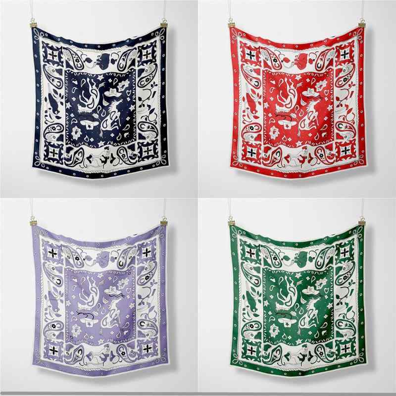 スカーフ レディース 正方形 シルクタッチ 帽子柄 ストール 馬車 チェーン バッグ飾り プチスカーフ フ..