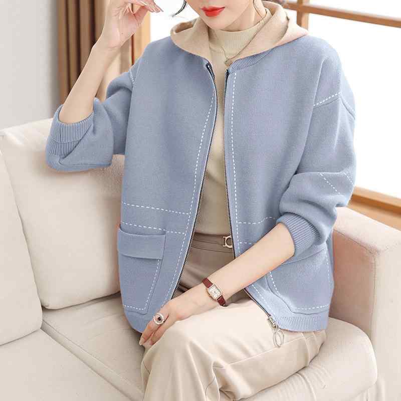 ニット カーディガン レディース 大きいサイズ 中高年 女性 アウター フード付き ポリエステル 無地 中..