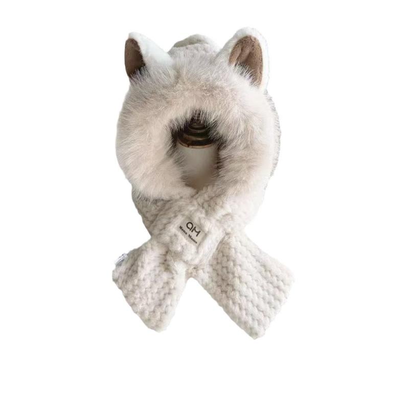 帽子 レディース かわいい 狐耳付き 一体型 ニット帽 マフラー 2点セット 秋冬 ベージュ 防寒 保温 手..