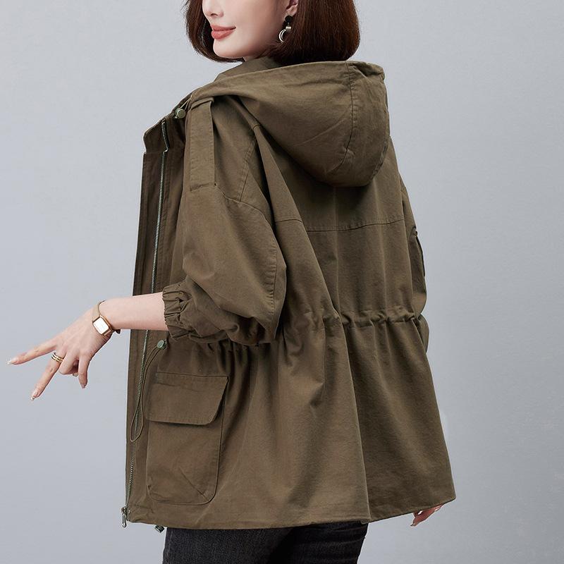 ジャケット レディース 中長款 ママ ミセス 春秋 ブルゾン フード付き カーキ ブラウン ピンク ゆったり 体型カバー カジュアル