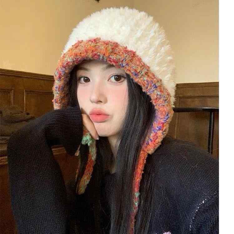 ニット帽 レディース 防寒 大頭 暖かい 耳あて付き 帽子 秋冬 民族風 ブレード ミックスカラー テディ ..