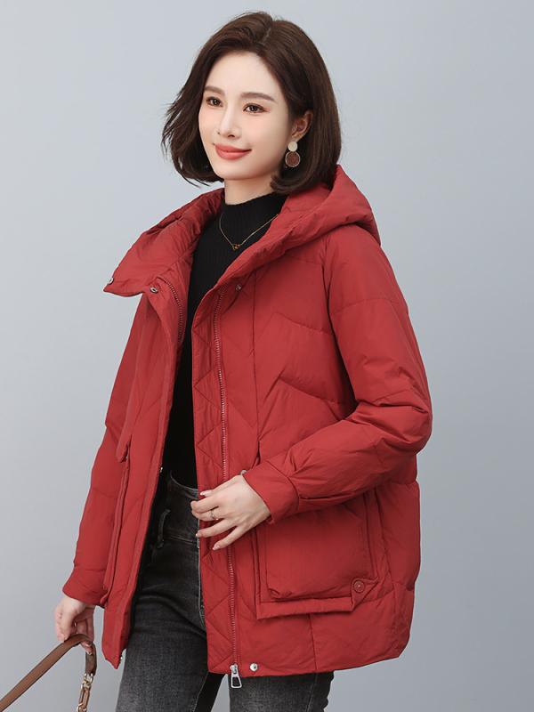 ダウンジャケット レディース 大きいサイズ フード付き 白ダウン 中綿 厚手 ミドル丈 長袖 赤 黒 コー..