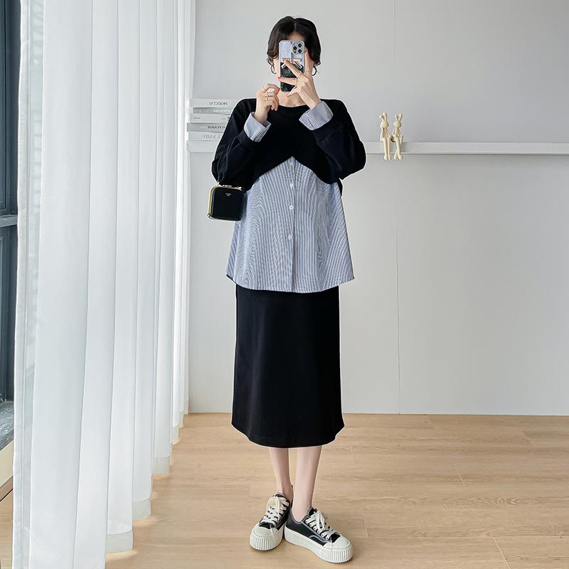 マタニティウェア レディース 秋冬 セットアップ 授乳服 トップス スカート 2点セット 長袖 伸縮性 ストレッチ ゆったり 部屋着 普段使い