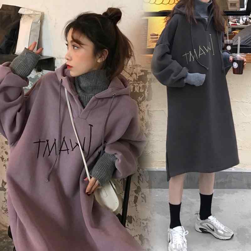 マタニティウェア 秋冬 加絨 裏起毛 パーカー スウェット ゆったり 長袖 妊婦 産前 産後 ストリート 紫..